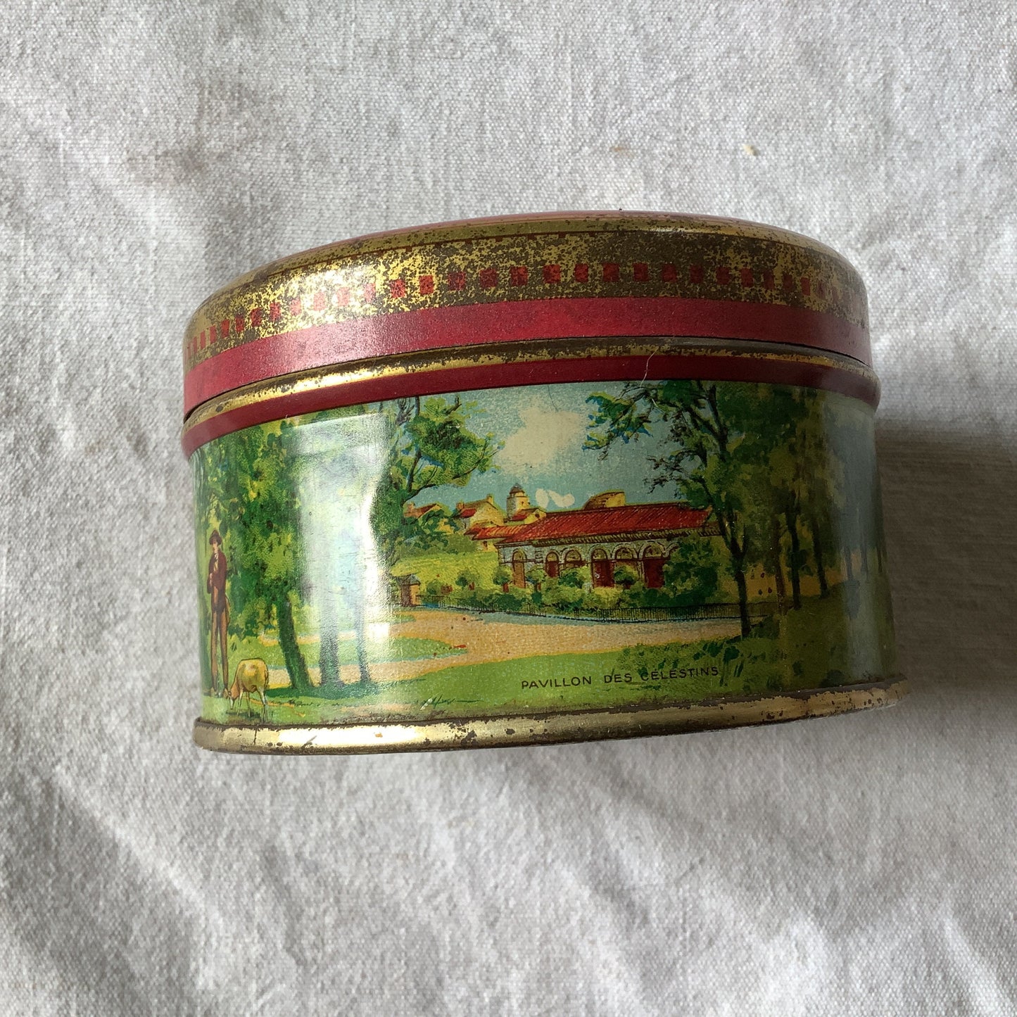 Vintage 1940s Vintage Petite Round Tin Box Made in France box produced by Vichy round tin beautiful french architecture depicted