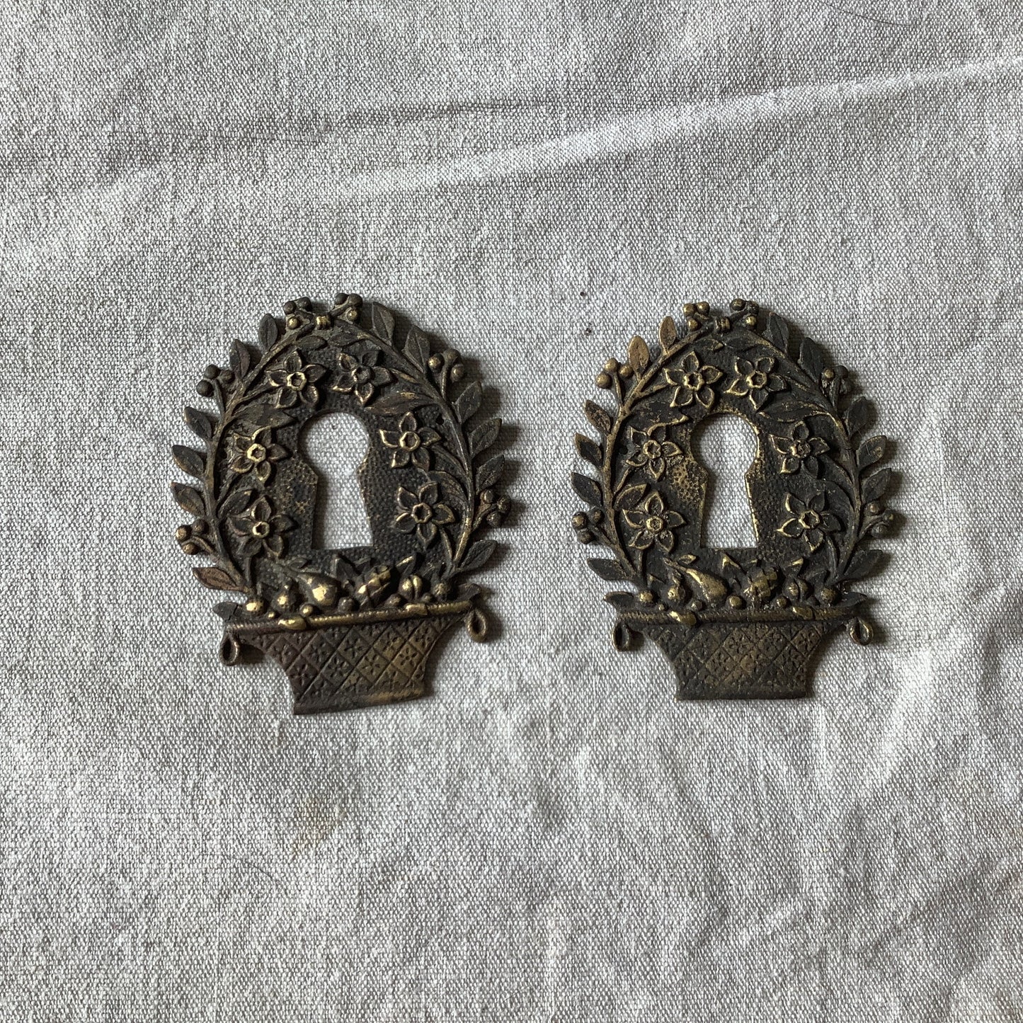 Two matching Antique Brass Keyhole Cover Escutcheon made in France in 1900s flowers in basket