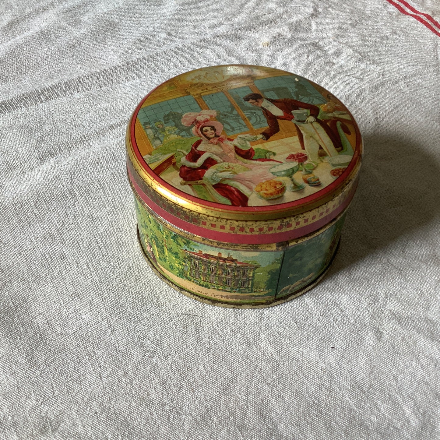 Vintage 1940s Vintage Petite Round Tin Box Made in France box produced by Vichy round tin beautiful french architecture depicted