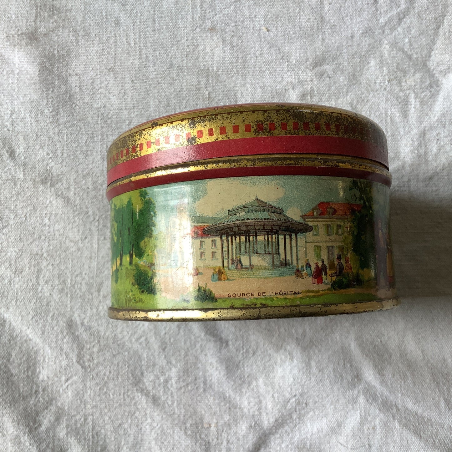 Vintage 1940s Vintage Petite Round Tin Box Made in France box produced by Vichy round tin beautiful french architecture depicted