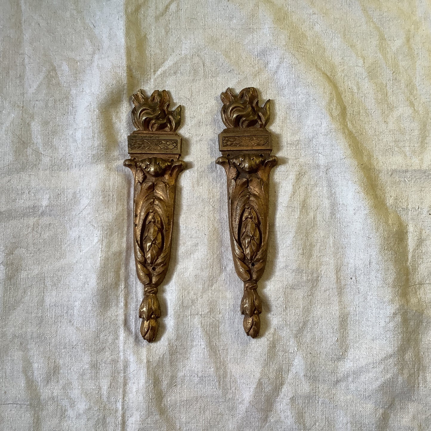 Antique French Ormolu Bras flames Decorative Hardware Furniture 1900s Two  pieces