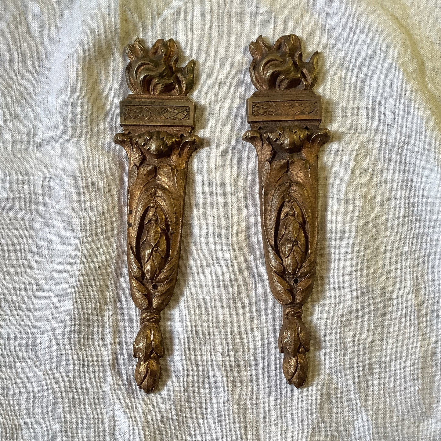 Antique French Ormolu Bras flames Decorative Hardware Furniture 1900s Two  pieces