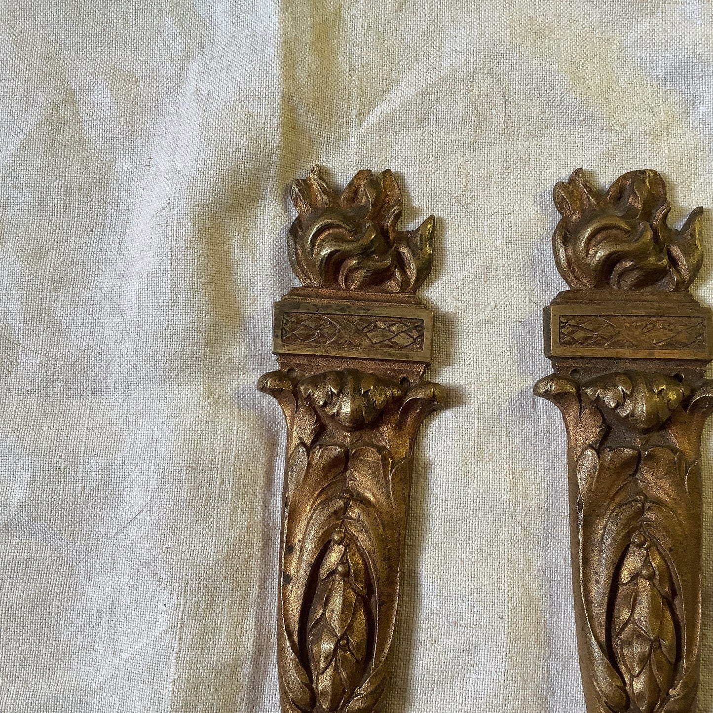 Antique French Ormolu Bras flames Decorative Hardware Furniture 1900s Two  pieces