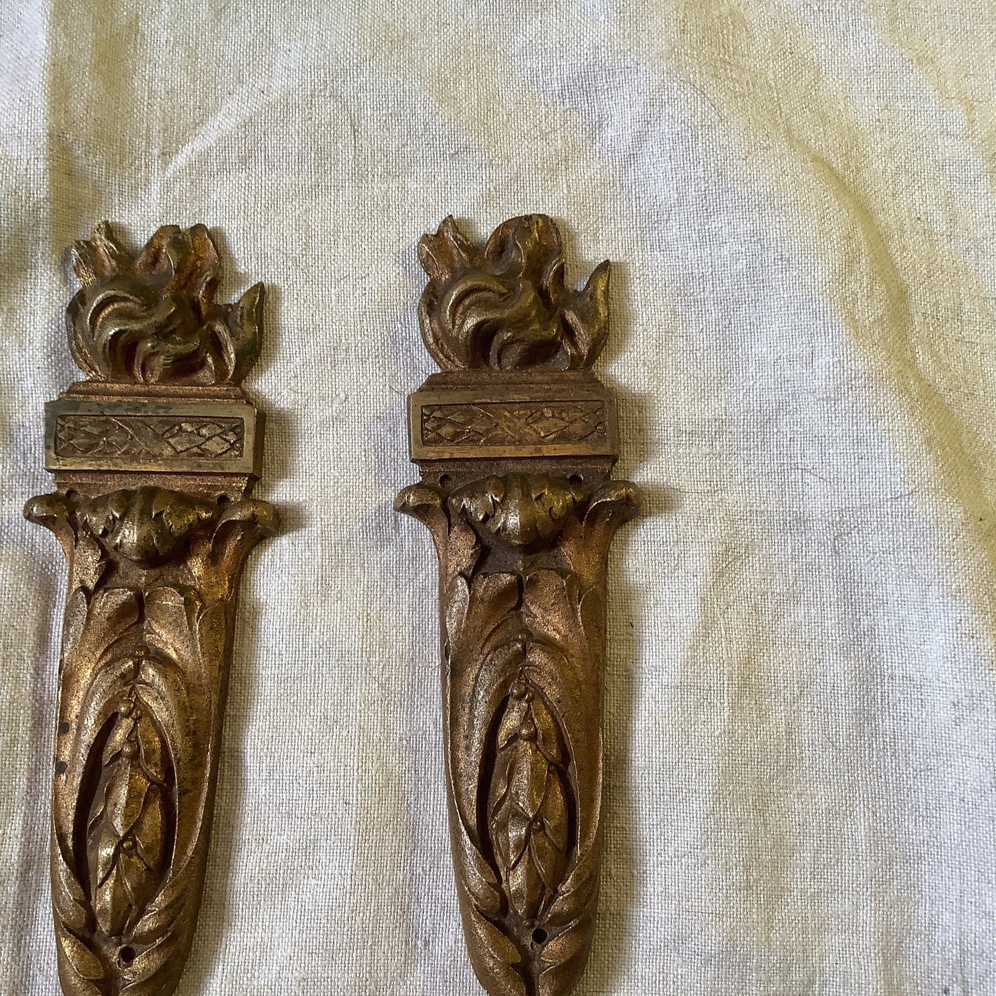 Antique French Ormolu Bras flames Decorative Hardware Furniture 1900s Two  pieces