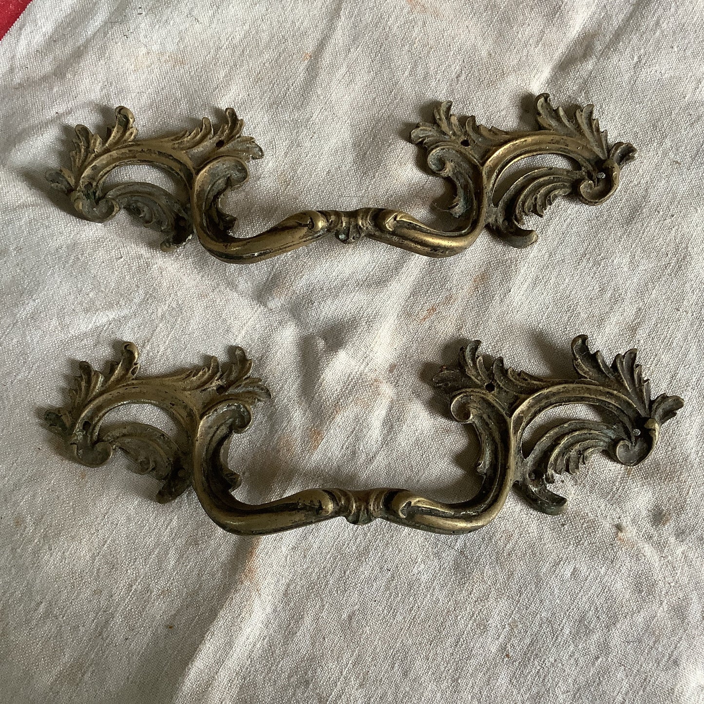 Two pieces Vintage 1900s Antique Brass Furniture Handles with Patina Made in France