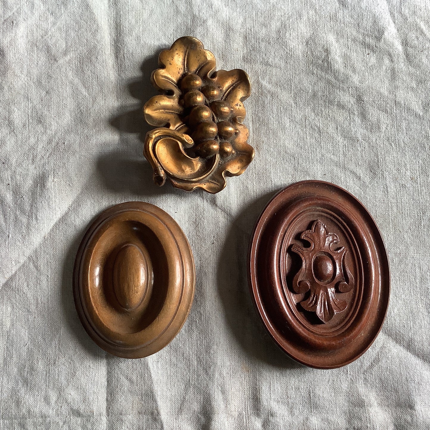 Three Antique Brass and Wood Picture Hook Covers / Mounts / Buttons - 1800's Elaborate Made in France brass and wood assortment