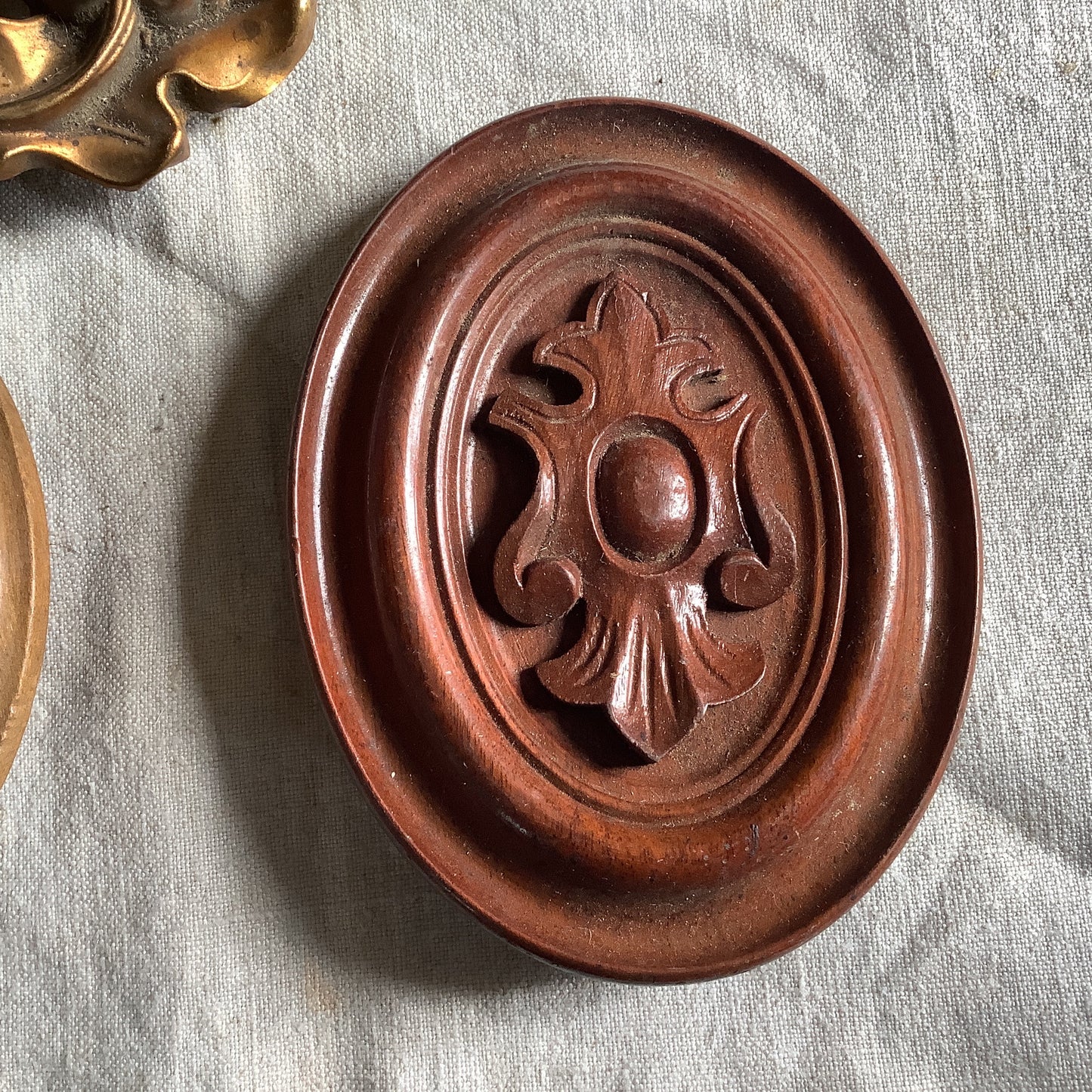 Three Antique Brass and Wood Picture Hook Covers / Mounts / Buttons - 1800's Elaborate Made in France brass and wood assortment