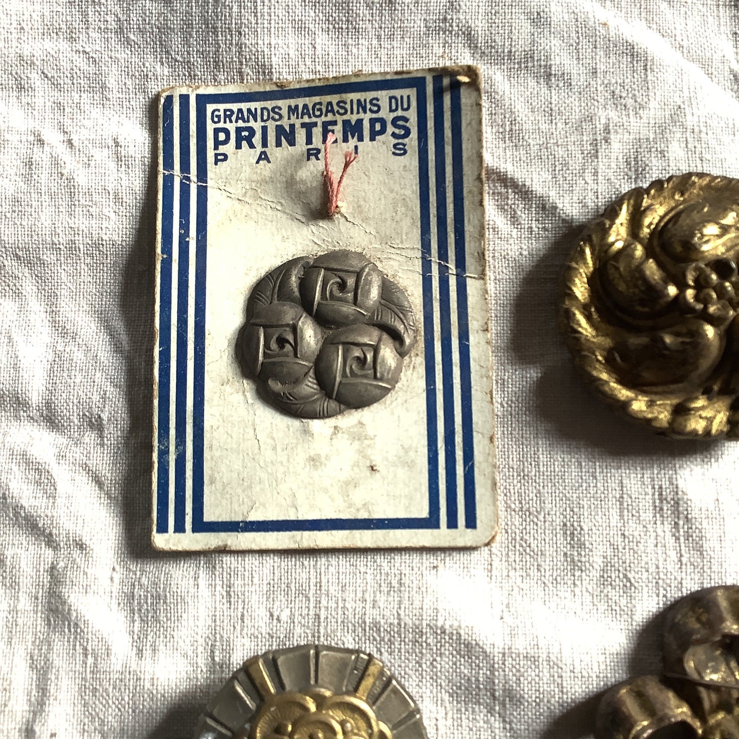 Four Antique Picture Hook Covers / Mounts / Buttons - 1800's Elaborate Made in France brass ribbons and lion