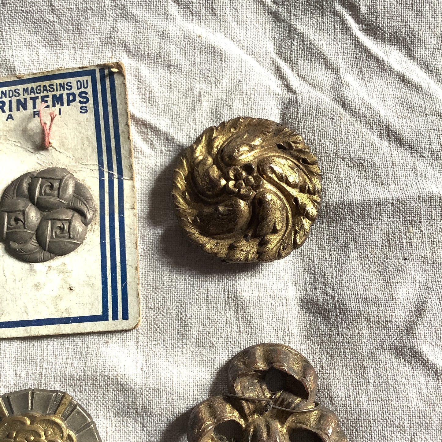 Four Antique Picture Hook Covers / Mounts / Buttons - 1800's Elaborate Made in France brass ribbons and lion