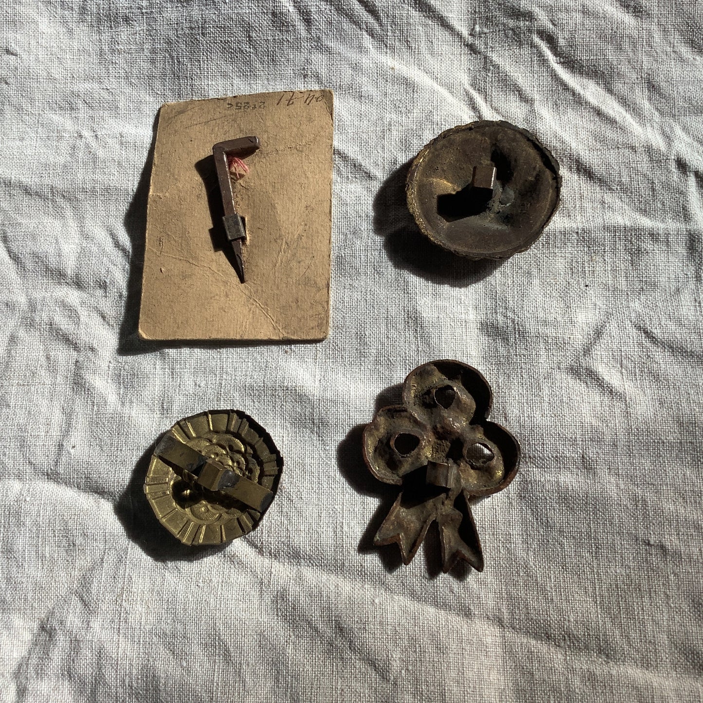 Four Antique Picture Hook Covers / Mounts / Buttons - 1800's Elaborate Made in France brass ribbons and lion