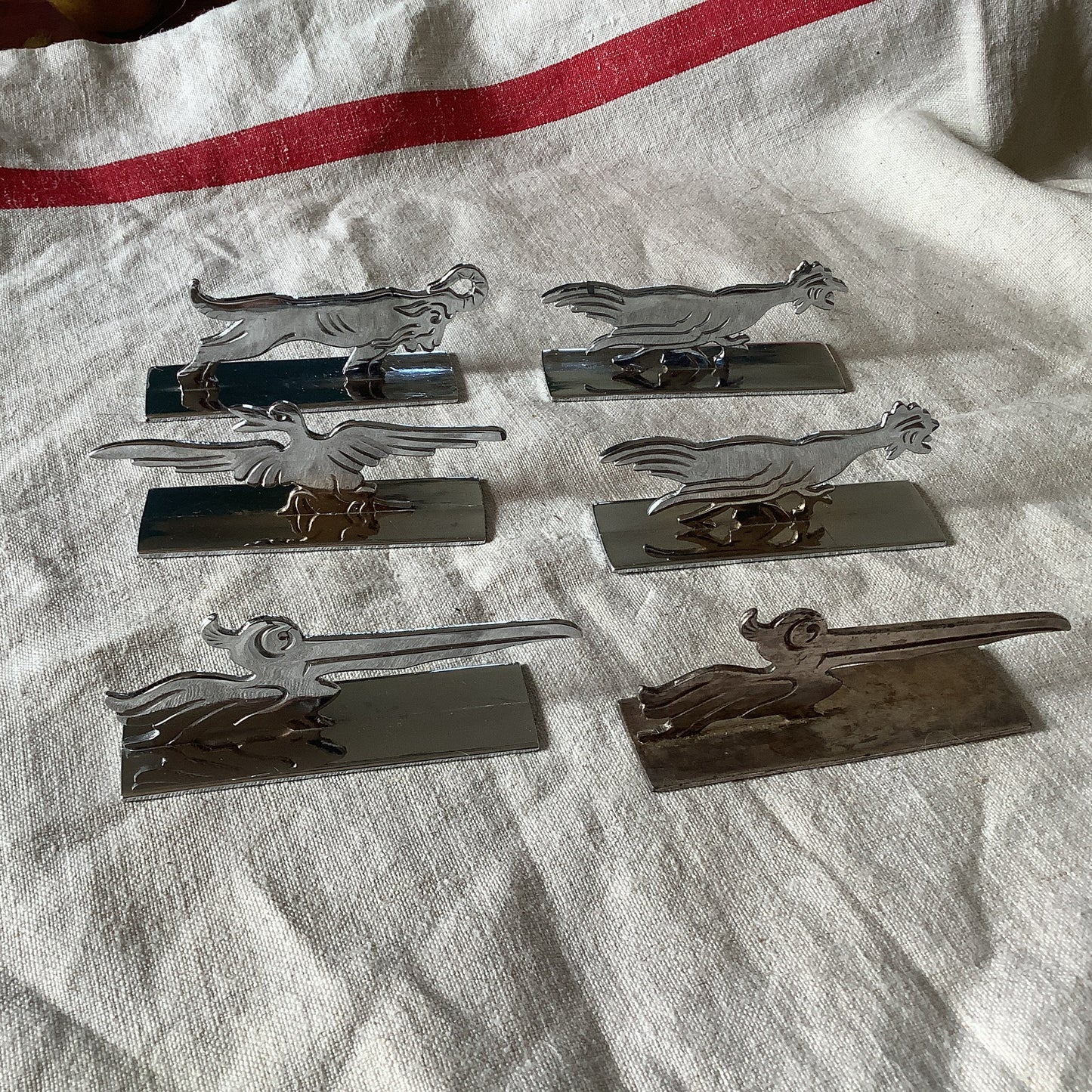 Antique Boxed 1920s Art Deco set of Six (6) Animal Shaped Knife Rests French Tarnished Original Made in France silver plated