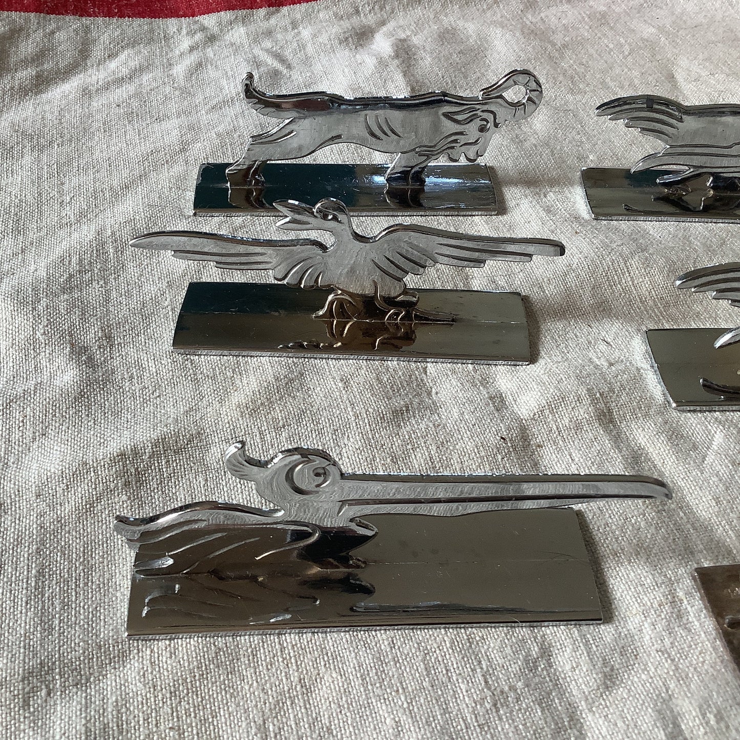 Antique Boxed 1920s Art Deco set of Six (6) Animal Shaped Knife Rests French Tarnished Original Made in France silver plated