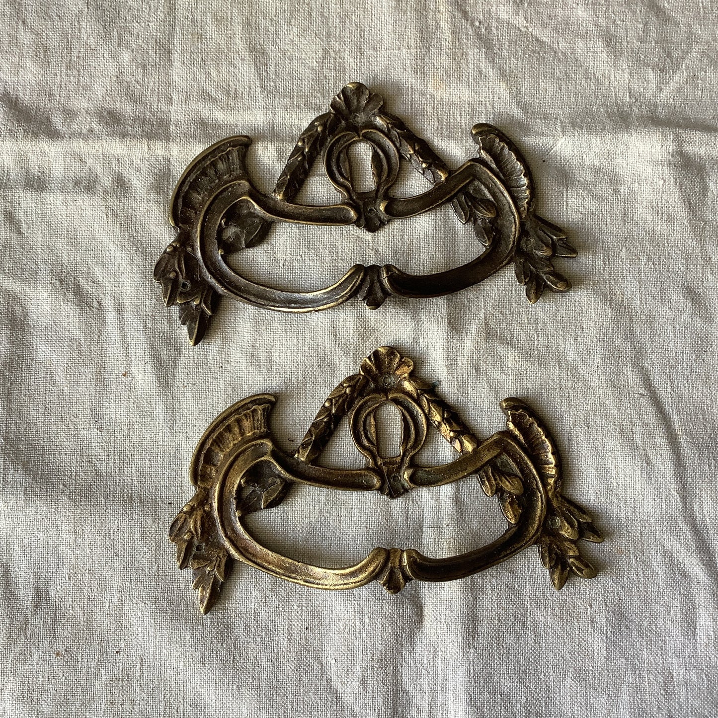 Antique 1900s Decorative Pair of  Brass Furniture Handles Ormolu Brass,  made in France