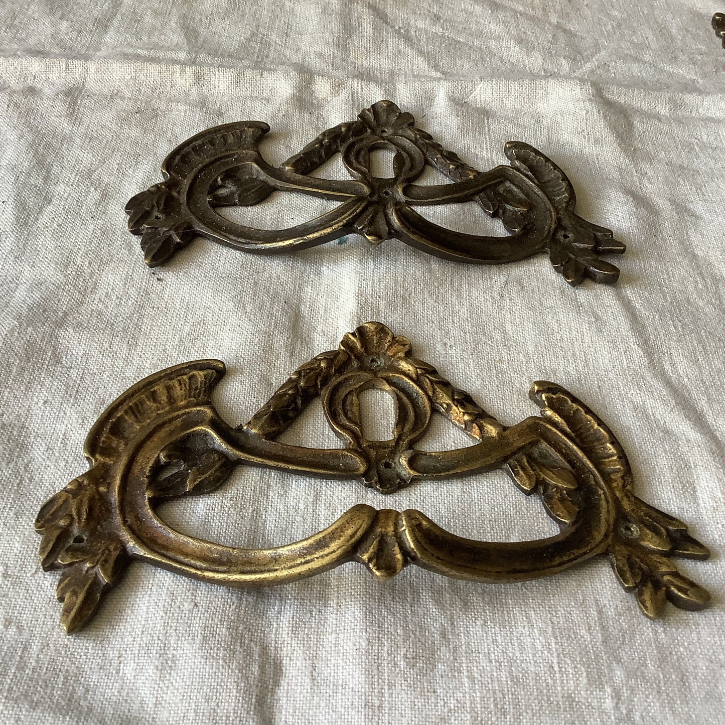 Antique 1900s Decorative Pair of  Brass Furniture Handles Ormolu Brass,  made in France