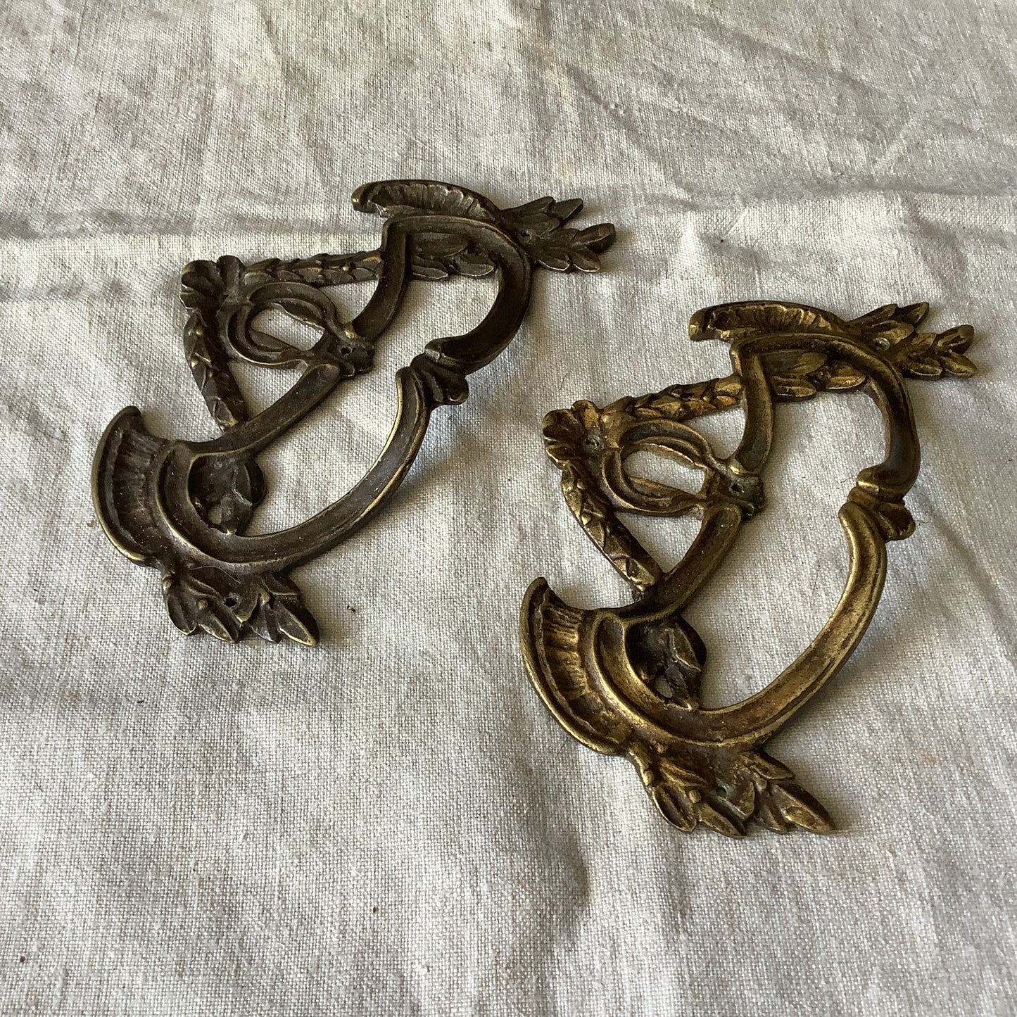 Antique 1900s Decorative Pair of  Brass Furniture Handles Ormolu Brass,  made in France