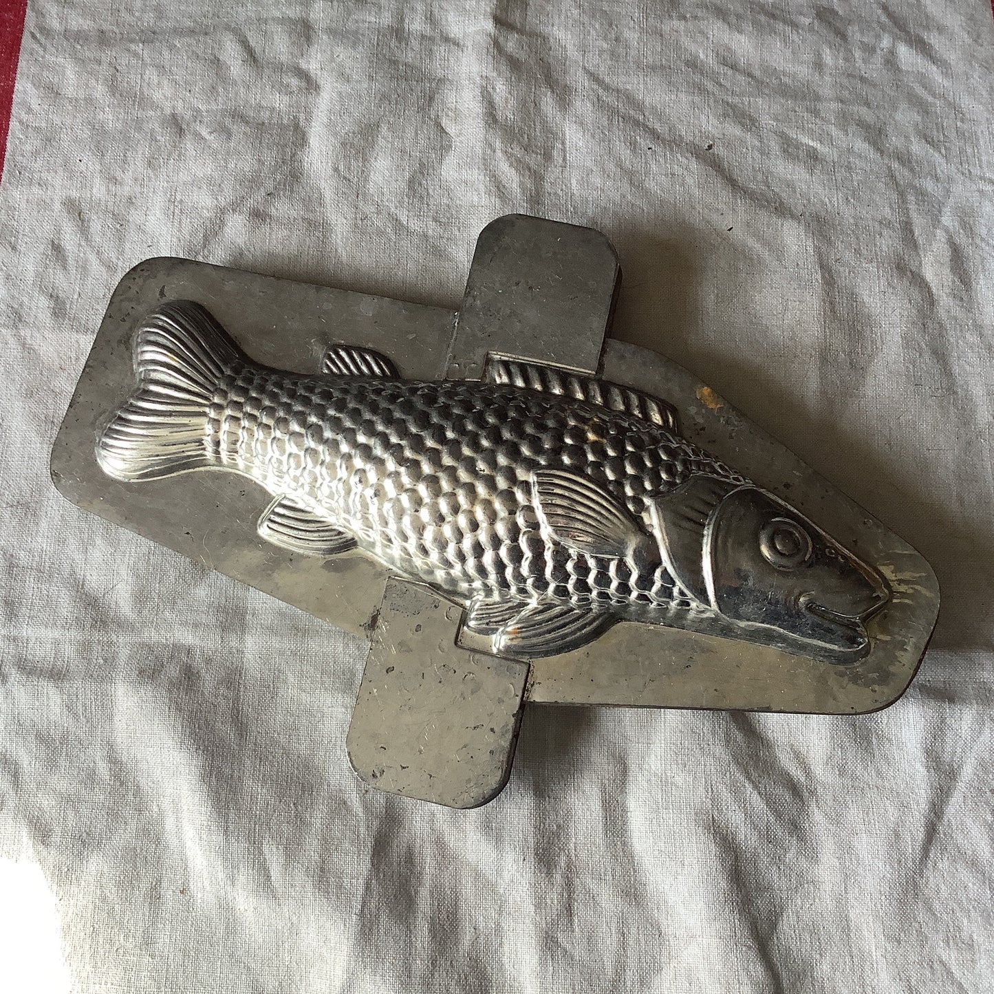 Antique 1940s large chocolate Fish Pike mould / mold metal cast, made in a France professional chocolaterie mold number 260