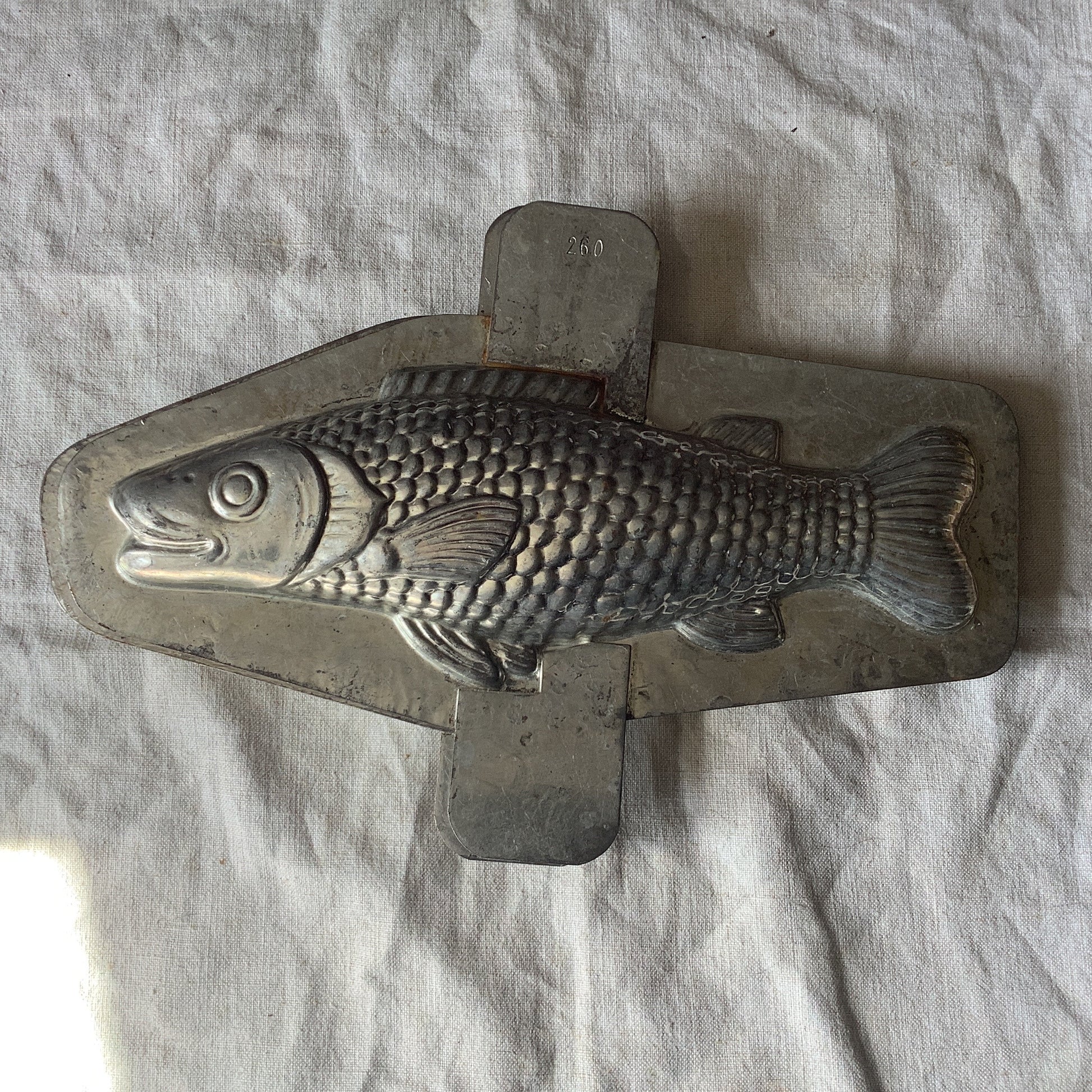 Antique 1940s large chocolate Fish Pike mould / mold metal cast, made in a France professional chocolaterie mold number 260