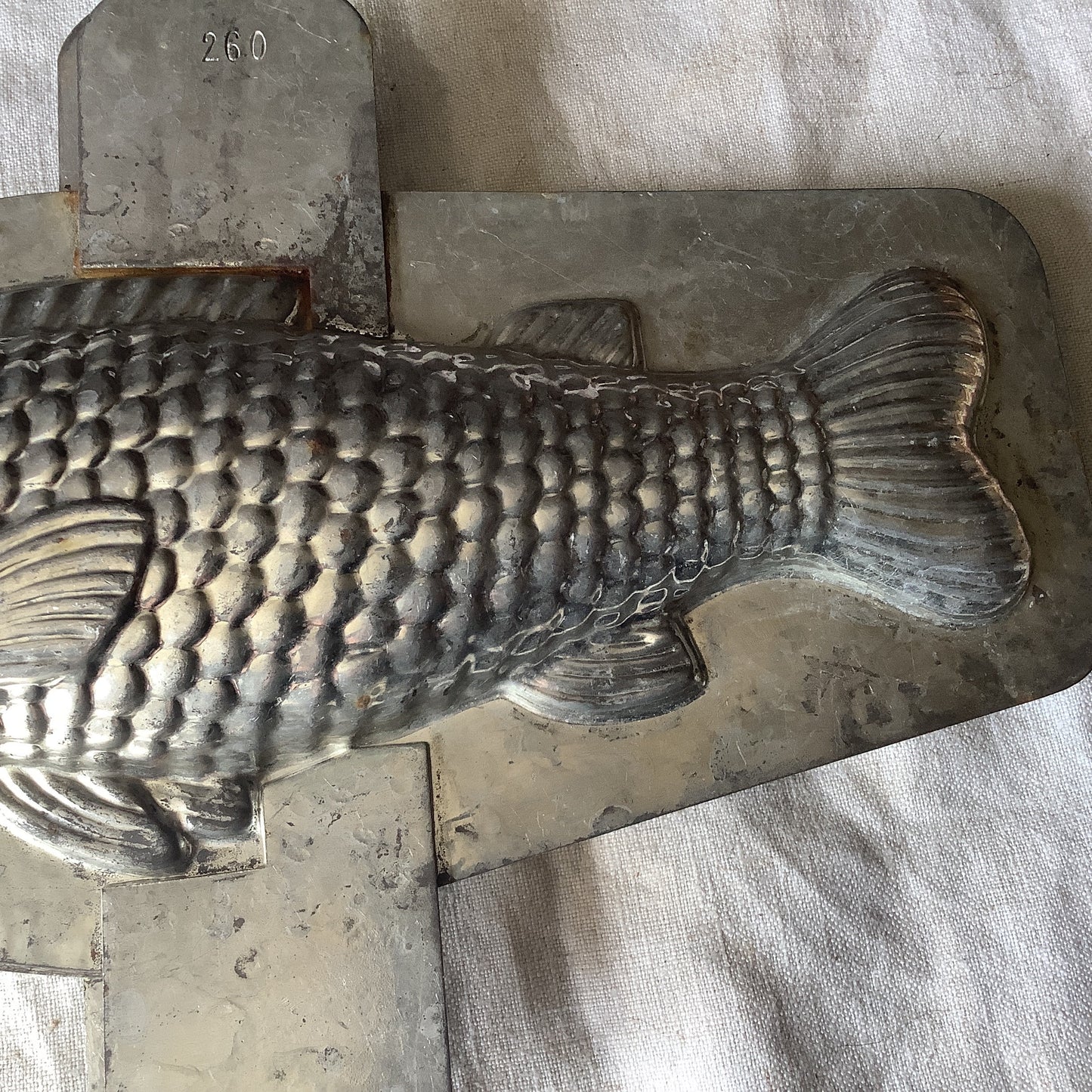 Antique 1940s large chocolate Fish Pike mould / mold metal cast, made in a France professional chocolaterie mold number 260