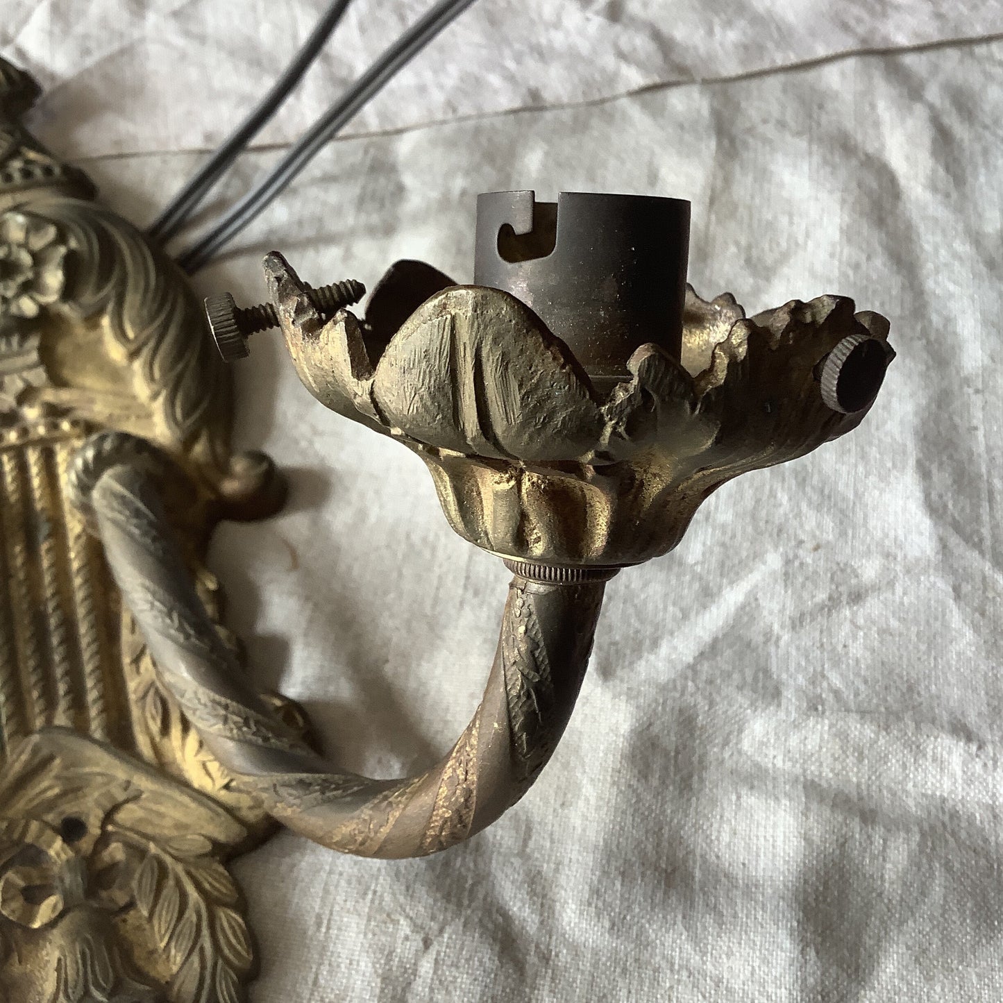 1920s Antique Double Light Brass Wall Sconce with Base Made in France Needs  to be Rewired