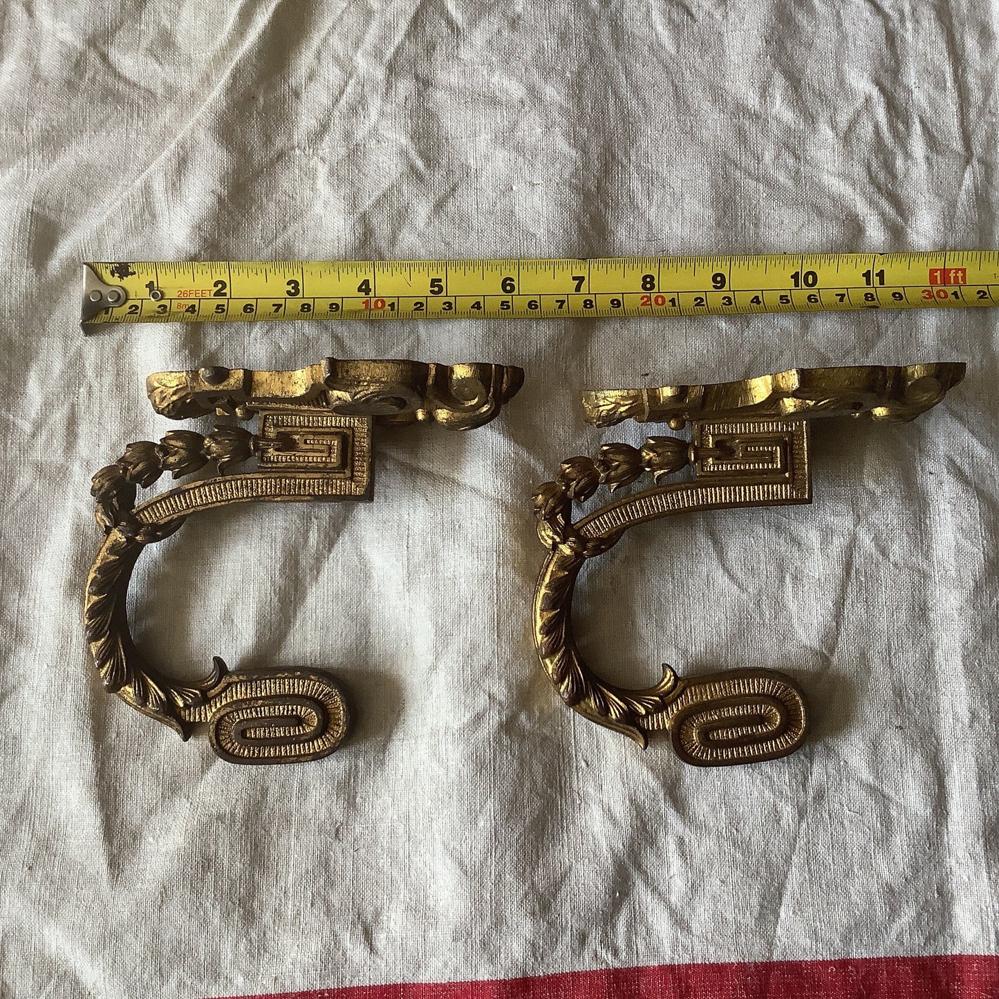 A pair of 1900s Classical Medium Sized Vintage Brass Ormolu Curtain Tiebacks made in France Quality Pair