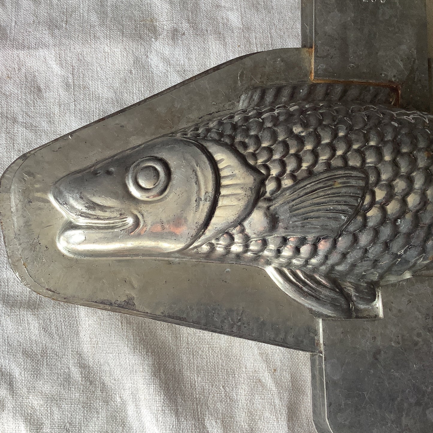 Antique 1940s large chocolate Fish Pike mould / mold metal cast, made in a France professional chocolaterie mold number 260