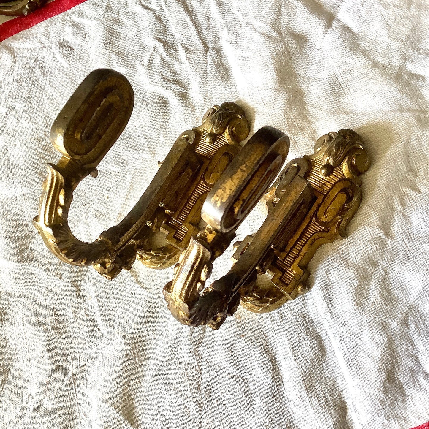 A pair of 1900s Classical Medium Sized Vintage Brass Ormolu Curtain Tiebacks made in France Quality Pair