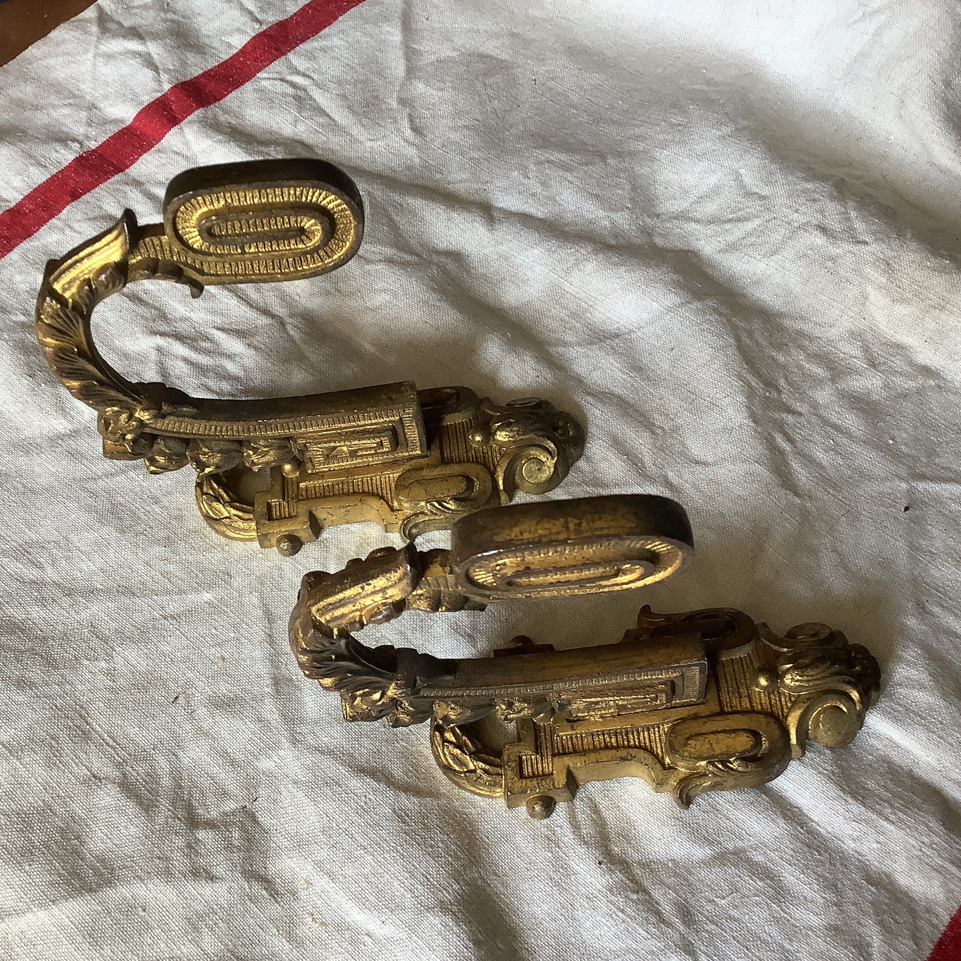 A pair of 1900s Classical Medium Sized Vintage Brass Ormolu Curtain Tiebacks made in France Quality Pair