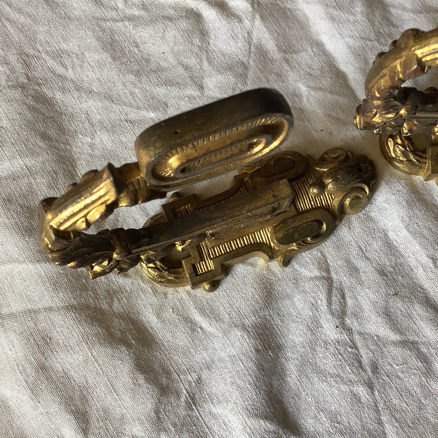 A pair of 1900s Classical Medium Sized Vintage Brass Ormolu Curtain Tiebacks made in France Quality Pair