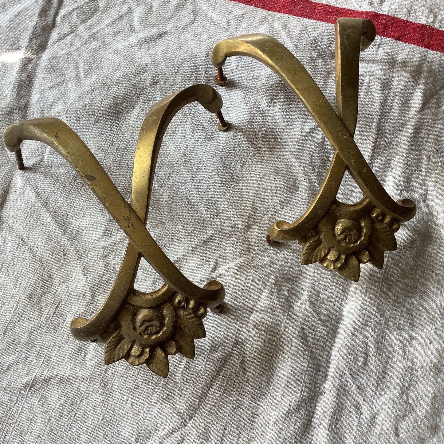 Antique Decorative Two matching Art Nouveau Brass  Furniture Handles Ormolu Brass 1920s , made in France Flowers decorating handles