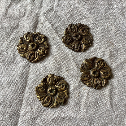 Vintage Ormolu Brass Decorative Classical Hardware Furniture made in France 1900s Four pieces Flowers Quality pieces