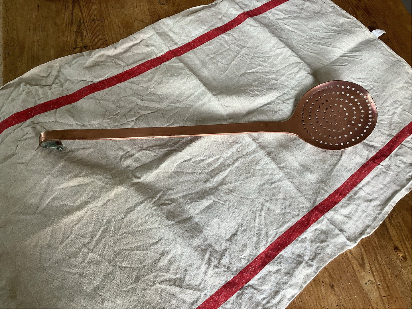 Antique Copper Skimmer Colander Handmade made in France Solid Copper weighs 530 grams