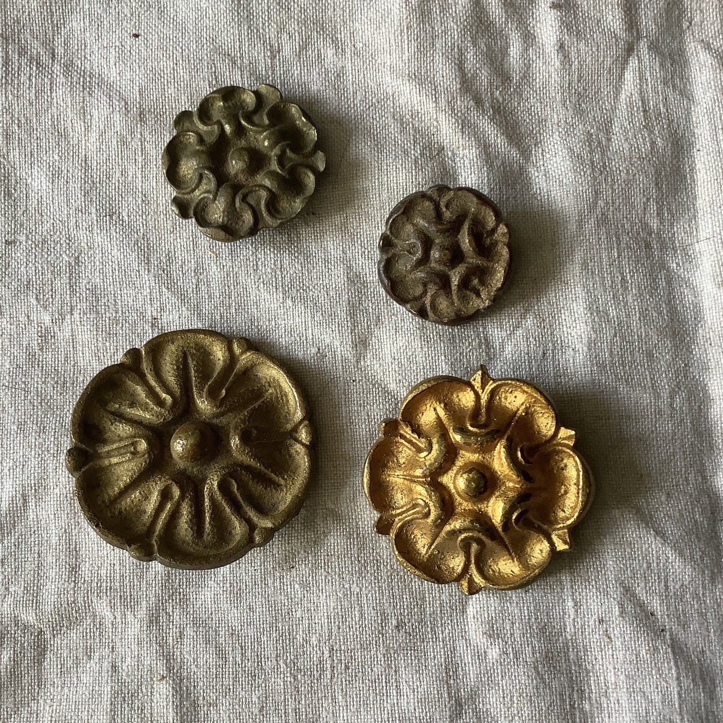 Four Antique Brass Picture Hook Covers / Mounts / Buttons - 1800's Elaborate Made in France brass Assortment