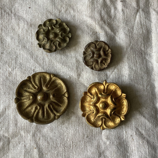 Four Antique Brass Picture Hook Covers / Mounts / Buttons - 1800's Elaborate Made in France brass Assortment