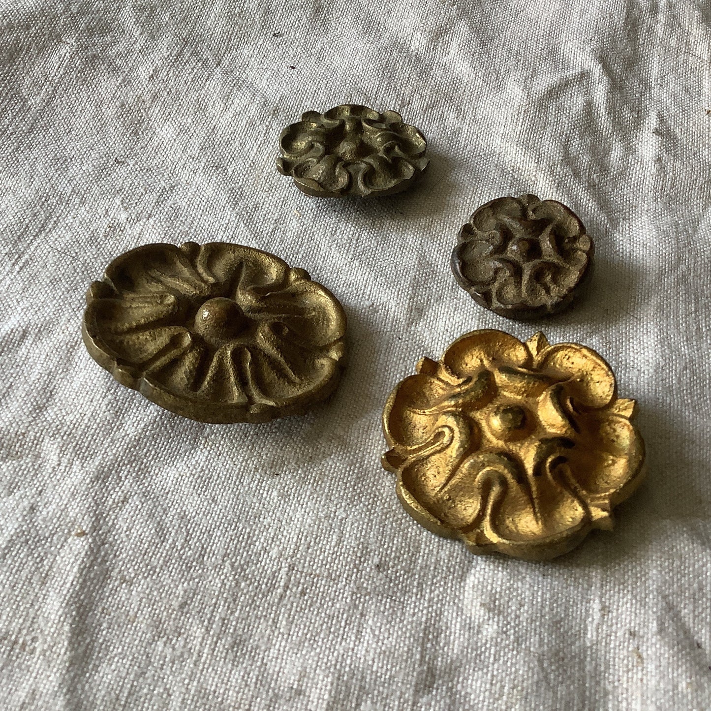 Four Antique Brass Picture Hook Covers / Mounts / Buttons - 1800's Elaborate Made in France brass Assortment