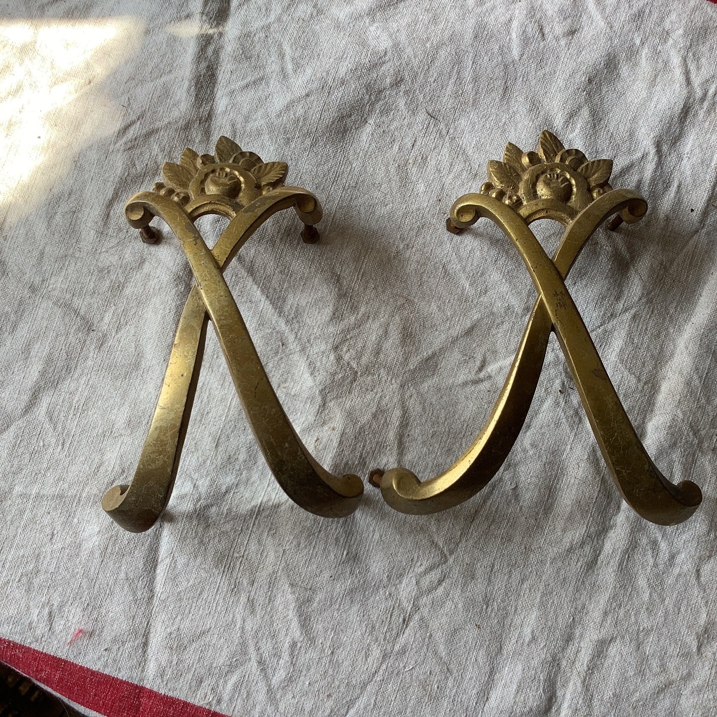 Antique Decorative Two matching Art Nouveau Brass  Furniture Handles Ormolu Brass 1920s , made in France Flowers decorating handles