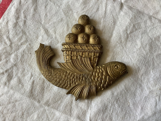 Antique French Ormolu Brass Decorative Classical Hardware for Furniture 1900s One Piece made in France Fish with fruit basket 3D