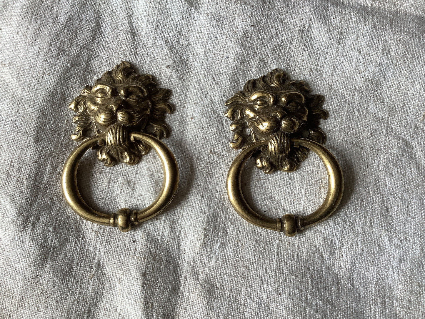 Antique Decorative Two matching circular Brass Furniture Lion head Handles Ormolu Brass 1960s, made in France