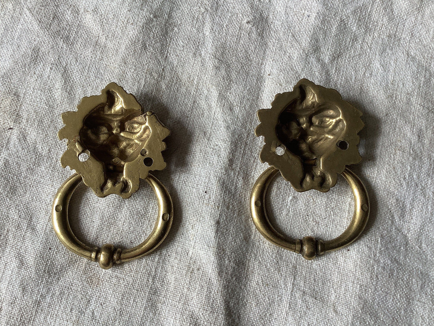 Antique Decorative Two matching circular Brass Furniture Lion head Handles Ormolu Brass 1960s, made in France