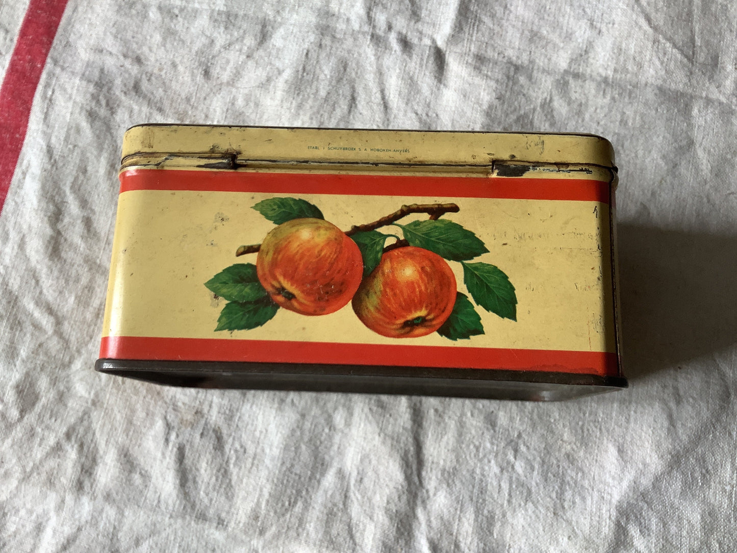 Vintage 1940s Tin Box Made in France Child at table eating bread and jam