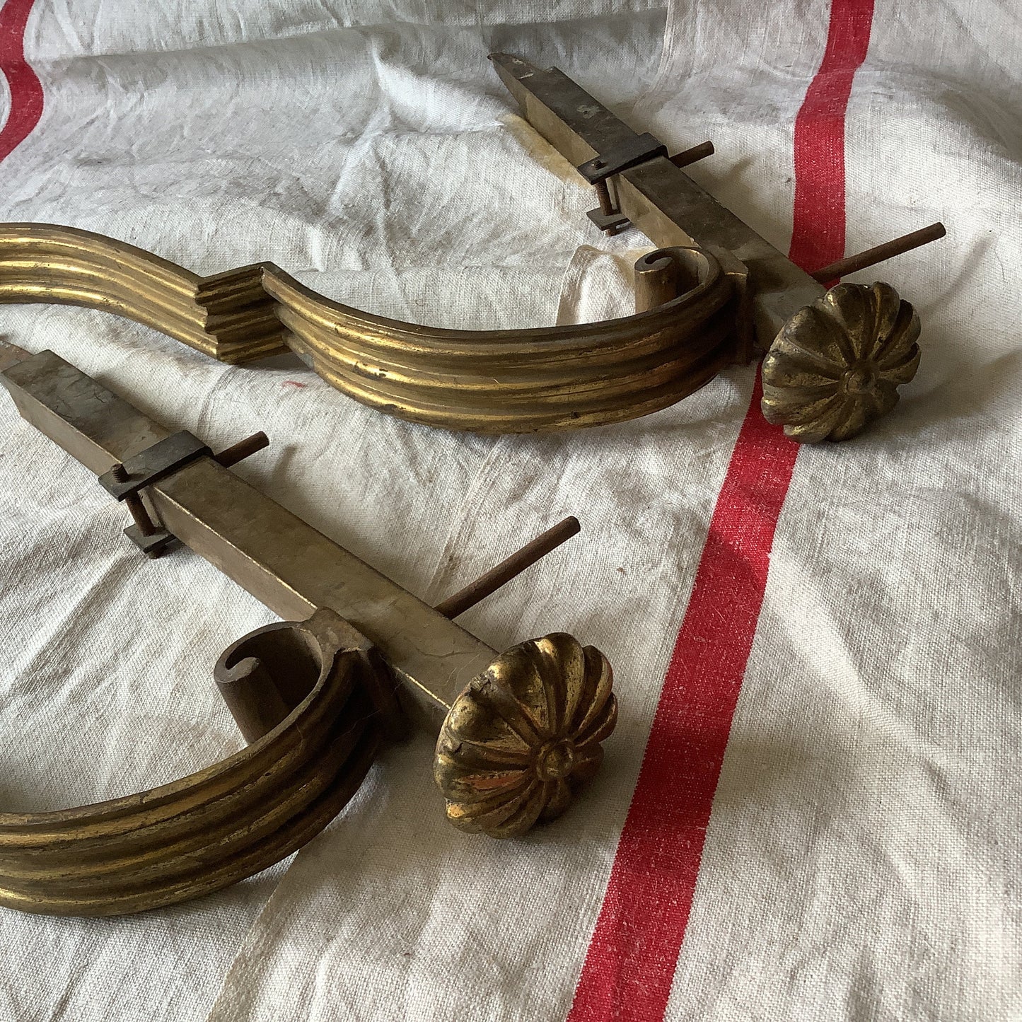 1900s Antique Large Sized one pair/ two pieces French Brass Curtain Pole holders 1900s Made in France