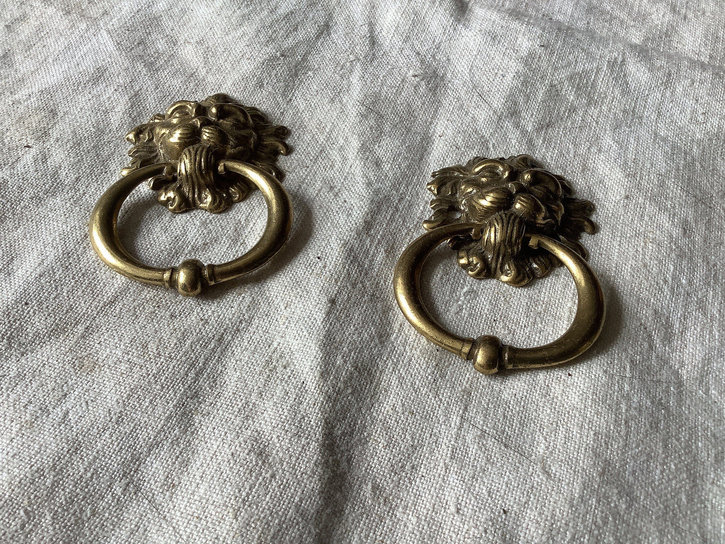 Antique Decorative Two matching circular Brass Furniture Lion head Handles Ormolu Brass 1960s, made in France