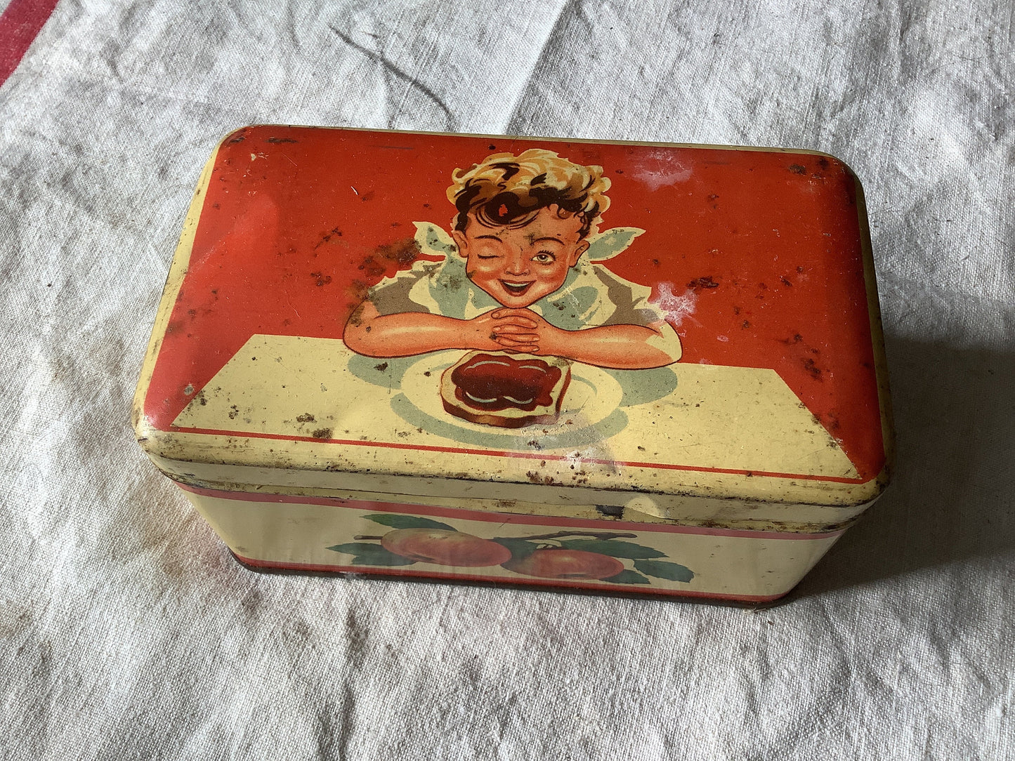 Vintage 1940s Tin Box Made in France Child at table eating bread and jam