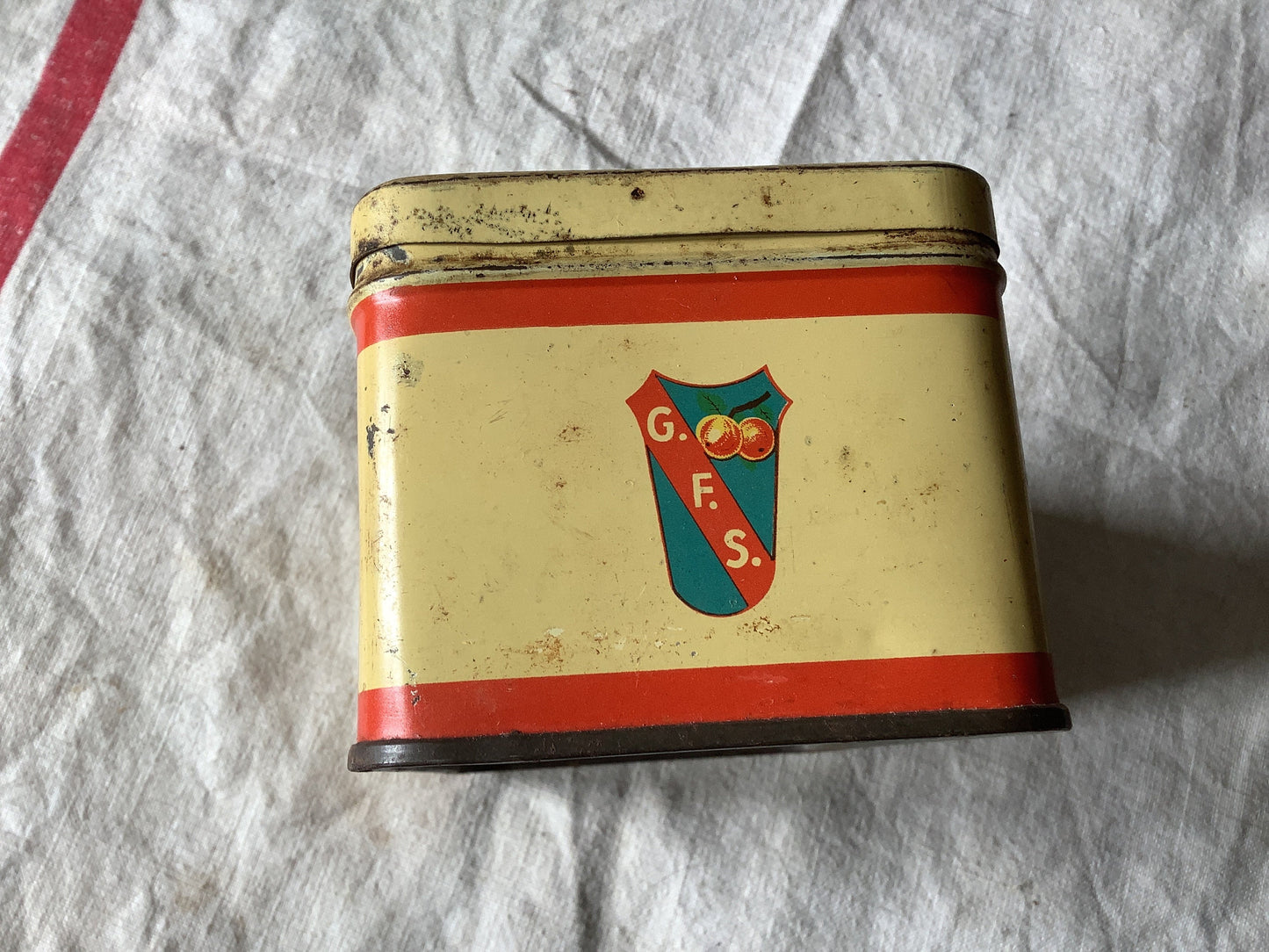 Vintage 1940s Tin Box Made in France Child at table eating bread and jam