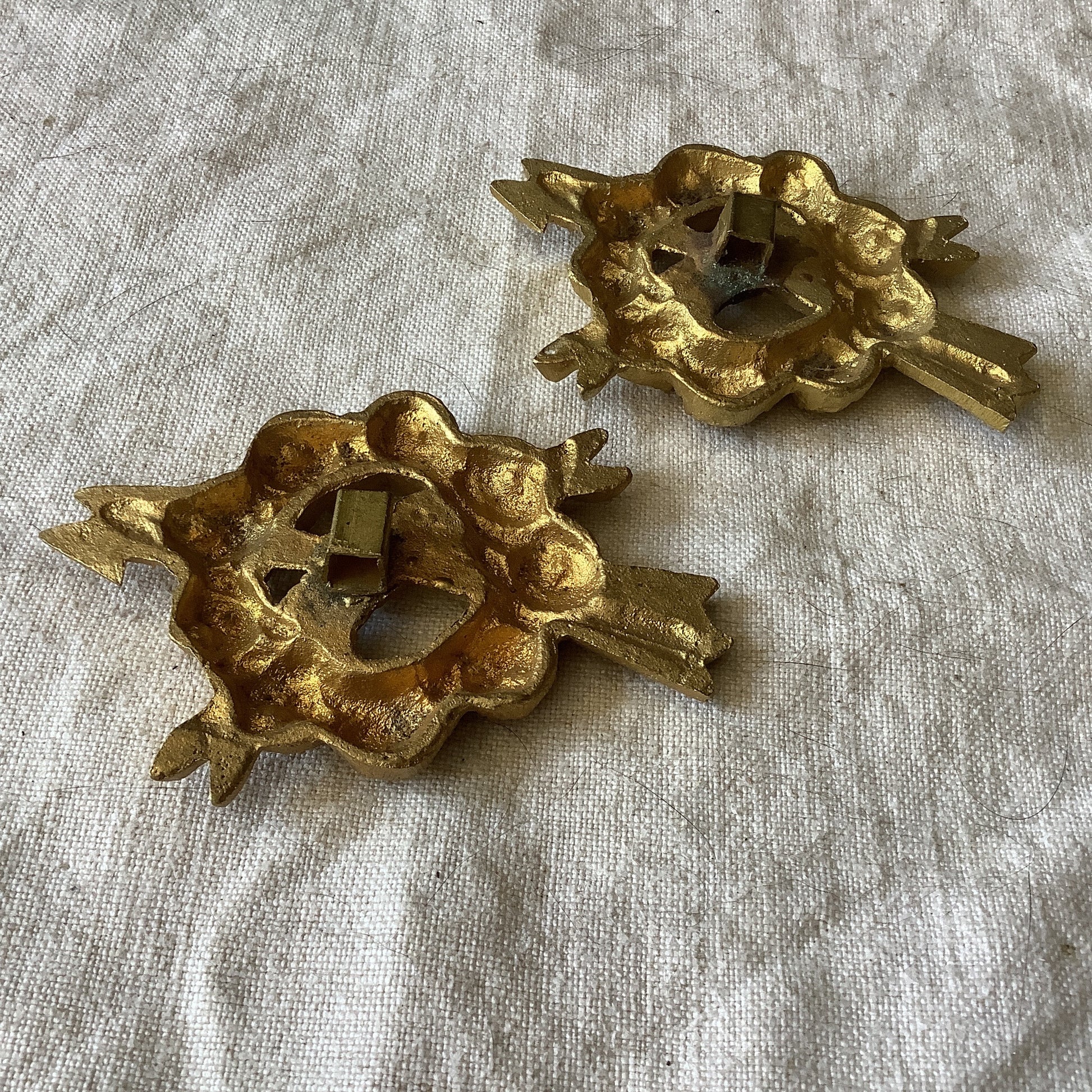 Two matching Antique Brass Picture Hook Covers / Mounts / Buttons - 1800's Elaborate Made in France gilded brass