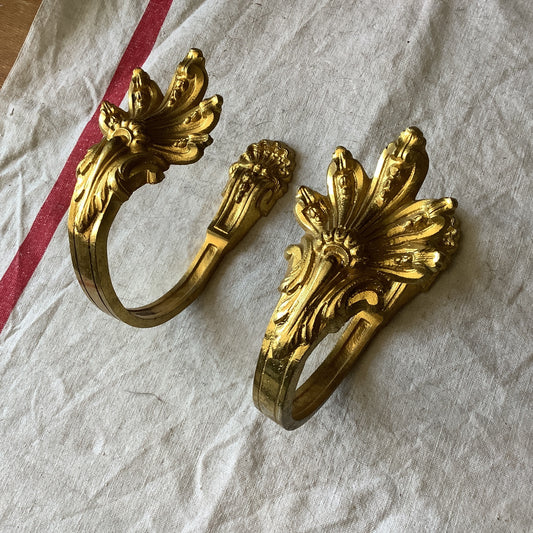 A pair of 1900s Classical Medium Sized Vintage Brass Ormolu Curtain Tiebacks made in France Quality Pair