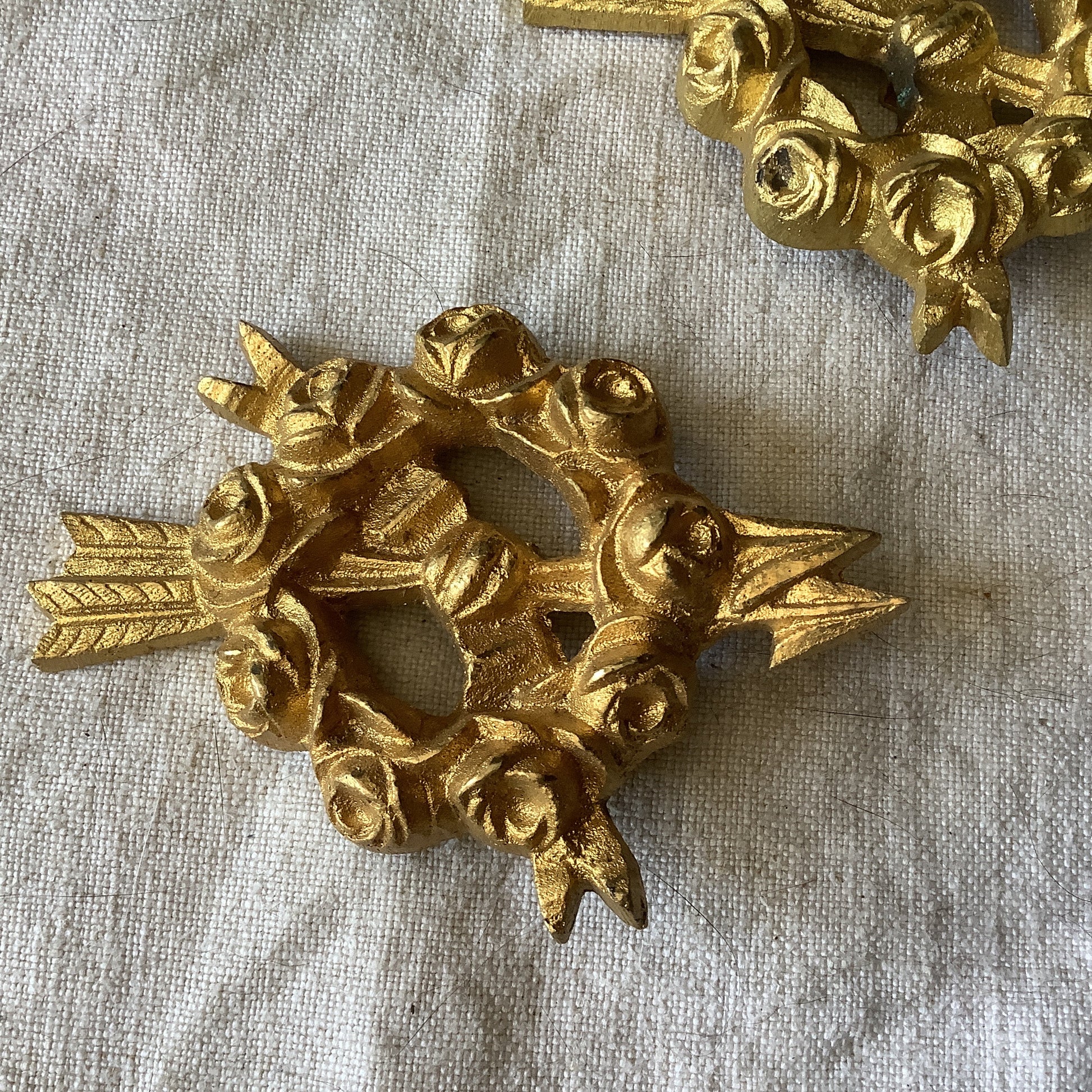 Two matching Antique Brass Picture Hook Covers / Mounts / Buttons - 1800's Elaborate Made in France gilded brass