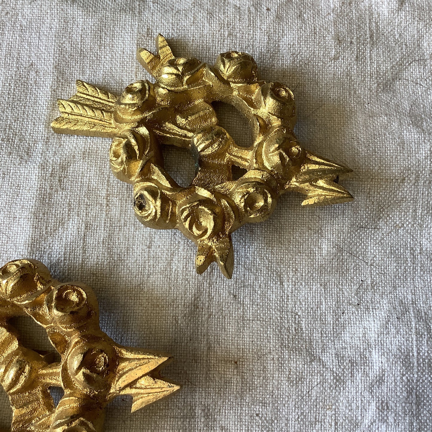 Two matching Antique Brass Picture Hook Covers / Mounts / Buttons - 1800's Elaborate Made in France gilded brass