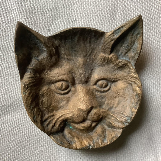 1920s Antique Brass Pin Tray Made in France Face of a Cat