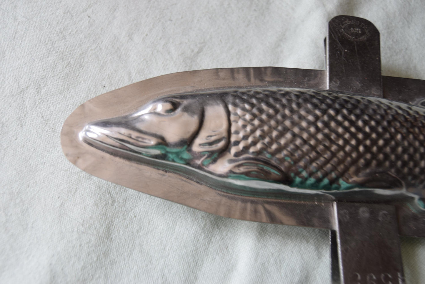 Antique 1950s chocolate Fish Pike mould / mold metal cast, made in a France by L’Etang professional chocolaterie mould number 4595