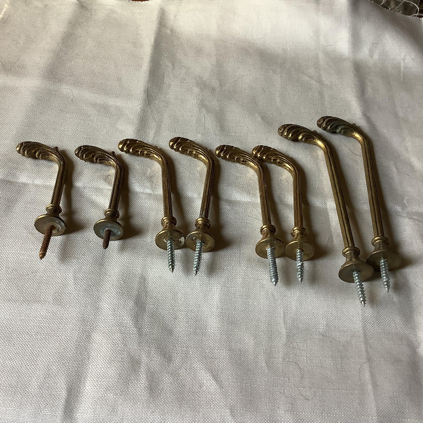 Antique French Eight Brass Curtain Tie-backs / clothing hooks 1950s made in France Three different lengths